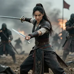 women warrior, sword, killer, battlefield, warrior costume, cinematic