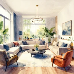a hiper intricate watercolor of a beatiful modern indoor living room, extremely detailed, sharp focus, wide view, smooth, digital illustration, colorfull, by william turner art, by greg rutowski, by carl larson, by edmund dulac
