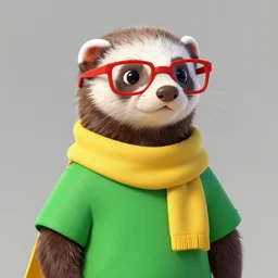 An anthropomorphic ferret wearing a green t-shirt, wearing red glasses, wearing yellow scarf, FurAffinity