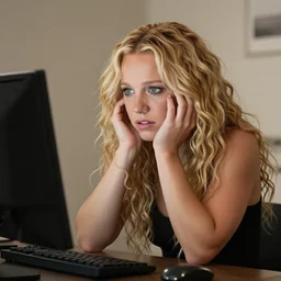 a young britney spears look alike with super long blonde curly hair sitting at a computer, english background, anxious, self sabotage