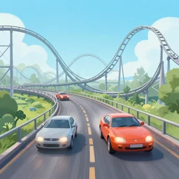 a future of cars driving on unsafe rollercoaster highways illustrated by martin handford