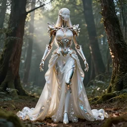 cinematic forest lighting, beauteous practical sumptuous full body elegant pose, liquid white pearlescent, chrome, iridescent titanium hybrid biomechanical, crystal, gold, copper, bronze, crystalline masterpiece incrustations, hyperdetailed metalwork by h. r. giger movie still, octane render, unreal engine, crepuscular rays,