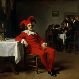 1862, a sad plotting man in a 1862 red jester suit with jester hat sitting in a wooden chair near a table covered with cloth. the room is dimly lit. gathering of people in other room to right side of image art style of Jan Matejko, ominous, realistic, highly detailed