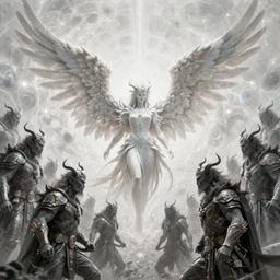 the angel of transcendence surrounded by an army of demons, fantasy character portrait made of fractals facing each other, ultra realistic, wide angle, intricate details, the fifth element artifacts, highly detailed by peter mohrbacher, hajime sorayama, wayne barlowe, boris vallejo, aaron horkey, gaston bussiere, craig mullins