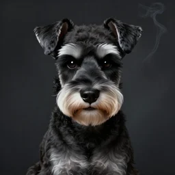 portrait of stoic looking miniature schnauzer, black fir, white eyebrows, fantasy, intricate, elegant, highly detailed, centered, dark, smoke, digital painting, artstation, concept art, smooth, sharp focus, illustration, art by artgerm and greg rutkowski and alphonse mucha