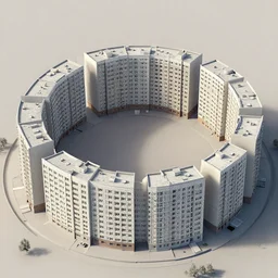 matte painting of the bird's eye view of circle shaped residential apartments. brutalist soviet architecture. dynamic perspective. urban, detailed digital art trending in artstation
