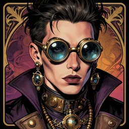 a detailed portrait illustration of a steampunk necromancer. attractive transgender intersex face. monocle, large earrings, light facial hair. goth aesthetic. art nouveau, pop art, comic book style. influenced by neil gaiman, frank herbert, dan mumford, brian froud, vadim voitekhovitch, killian eng, ross tran.