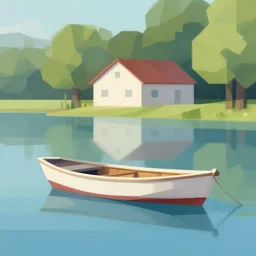 a painting of a boat and a house on a lake, a digital rendering by victor mosquera, trending on behance, plein air, matte drawing, low poly, digital illustration