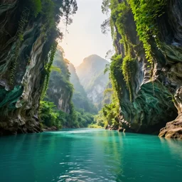a marble cave, mountains, vines, turquoise water, sunrise, lush flora, beautiful artwork, volumetric lighting, haze, hyperrealistic, 8 k