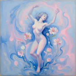 a biomorphic painting of an emotional human dancer with flowers and echoes around it, a surrealist painting by marco mazzoni, peter mohrbacher and dorothea tanning, pastel blues and pinks, featured on artstation, metaphysical painting, oil on canvas, fluid acrylic pour art, airbrush art,