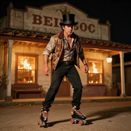 portrait photo still of danny trejo roller blading, wearing a top hat, in front of an old country store on fire at night, 8 k, 8 5 mm f 1. 8