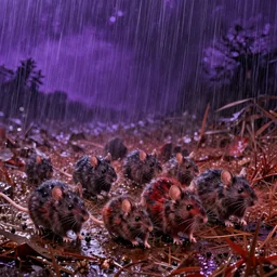 a family of rats scurrying across a drenched field in a torrential rainstorm, in the style of beksinski, intricate and epic composition, red by caravaggio, insanely quality, highly detailed, masterpiece, purple light, artstation, 4 k