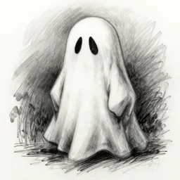 charcoal sketch of a sad ghost, comical ghost halloween dress, detailed