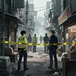 a crimescene crimescene investigation with police tape in a quiet quiet quiet shop in the cyberpunk anime film, Shichiro Kobayashi, screenshot in the anime series ergo proxy and Detroit metal city, hazy and dreary