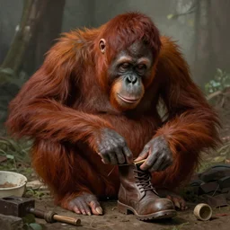 an epic matte painting of an orangutans making a pair of boots, in the style of algernon blackwood, highly detailed digital art, ornatley detailed, muted color, photorealistic