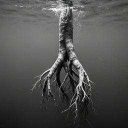 long roots underwater, award winning black and white photography, high contrast, high definition