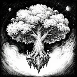 black and white ink doodle illustration of an ancient tree floating in outer space, overgrown with funghi, style by peter deligdisch, peterdraws