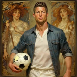 male cottagecore ronaldo holding a soccer ball, intricate, swagger, highly detailed, digital painting, artstation, concept art, smooth, sharp, focus, illustration, art by artgerm and greg rutkowski and alphonse mucha