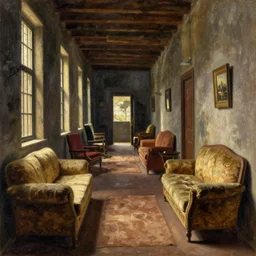 A painting of a cosy hallway, couches, chairs, sofas, oil on canvas, by Pieter Claesz, sharp