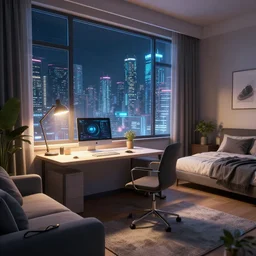 a room with a desk, sofa, bed, window witha view of a cyber city at night, ultrafine highly detailed, sharp focus, unreal engine highly rendered, global illumination, radiant light
