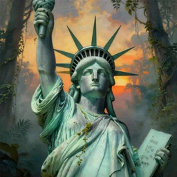 close up of statue of liberty reclaimed by the jungle , surrounded by tall vines in oversized misty jungle, dramatic sunset and dramatic sky , very detailed oil painting by frazetta, low angle, postapocalyptic panorama.asthetics !