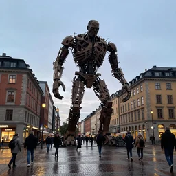 mobile photo of a 1 0 0 feet tall golem creating chaos in the city centre of stockholm, sweden. dusk light after the rain.