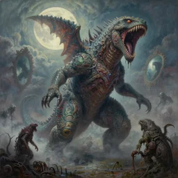 concept art of giant kaiju, lovecraftian, roaring, melting horror, round moon, rich clouds, fighting the horrors of the unknown, mirrors, very detailed, volumetric light, mist, grim, fine art, decaying, textured oil over canvas, epic fantasy art, very colorful, ornate scales, anato finnstark