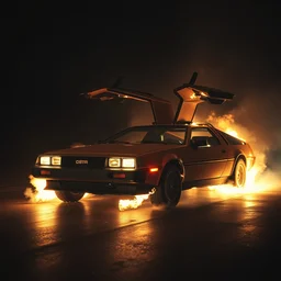 photograph of a delorean engulfed in flames, cinematic, volumetric lighting