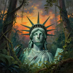 stolen lady liberty head abandoned in a jungle .surrounded by tall vines in oversized jungle, moody sunset and dramatic sky , oil painting by frazetta, low angle, postapocalyptic, cinemascope panorama