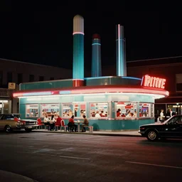 color street view in america of market district at night, diner, from 1 9 7 3, scorsese, kodachrome, fred herzog. retro futurism on film