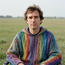 closeup portrait of a man with a cloak made of wire and rainbows, sitting in a chair in an empty field, by Annie Leibovitz and Steve McCurry, natural light, detailed face, CANON Eos C300, ƒ1.8, 35mm, 8K, medium-format print