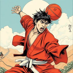 a very detailed manga of jackie chan in slam dunk manga panel, action lines, greg rutkowski, high resolution, dynamic pose, landscape, medium portrait, samurai outfit, action, hyper realistic, manga, takehiko inoue, sakuga