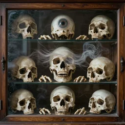 a scientific cabinet of skulls. eyeballs. fingers. teeth. hair blowing in the wind. eerie smoke. zdzisław beksinski, dariusz zawadzki, greg rutkowski. vapourwave
