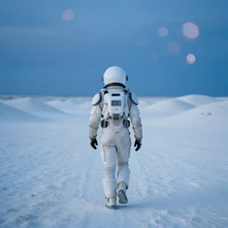 a photograph of one explorer wearing a white futuristic suit with helmet from behind, walking in a vast and empty landscape of white soil and mounds. blue hour. nolan style. movie still. cinematic! shot. cinematography whirl bokeh. detailed. hq. in - frame. imax. anamorphic film. anamorphic bokeh!!!. kodak vision. helios 4 4