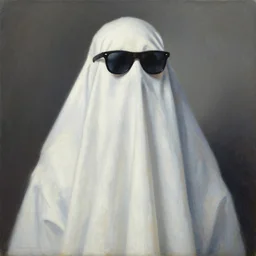 portrait of a cloth ghost with sunglass, painting by by ralph grady james, jean christian biville