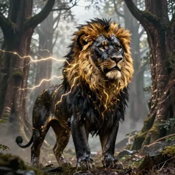 epic photography of black lion with gold lightnings in the fur surrounded by ancient trees, colossal scale ,hyperdetailed, artstation, cgsociety, 8k