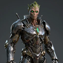 human goth groot ; adult male 3 0 years ; glowing green eyes ; scientist ; friendly ; sharp facial features ; slender ; vampire ; wearing a high tech set of heavy metal armour ; robot ; trending on artstation ; high detail ; digital art