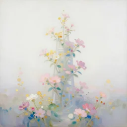 The Flowery Tower with a White Horizon, landscape, pastel oil inks, soft pastel colors, paint-on-glass painting, chiaroscuro, very ethereal,fauvism, soft, ethereal, superflat art movement, pinhole photography futuristic y2k white pure estructure liminal, white fog painting, glided golden paper HD bokeh lighting chiaroscuro
