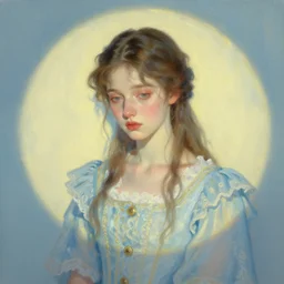 portrait of a beautiful girl, boudoir, sad, pastel shades of light blue and light yellow, beautiful face, rule of thirds, intricate outfit, spotlight, by greg rutkowski, by jeremy mann, by francoise nielly, by van gogh, digital painting