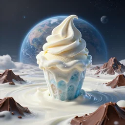 a realistic planet made of icecream with sea of milk and chocolate mountains, super realistic, unreal engine, octane render, 8 k
