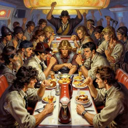 a scene of bandits raiding a 6 0 s diner, by shigenori soejima, by frank frazetta, by thomas kinkade, by ilya kuvshinov, digital painting masterpiece, beautiful brush strokes, advanced lighting technology, symmetry!!!, accurate and realistic faces and anatomy