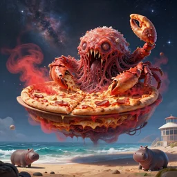 beautiful digital fantasy illustration of a layered pizza dream boat floating in the cubic space of cosmic terror, blobfish made of pizza on the beach, but it is a horrible mutated frightening gross pizza hybrid creature, realistic, detailed, cinematic, ( crab ) covered in pizza with red mist coming out the pizza. unreal engine, epic scenery, national geographic, hungry hippos, by petros afshar and chiho aoshima