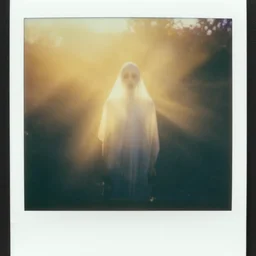 photograph of a pale ghost, flash polaroid, by george hurrell, hazy light rays, golden hour