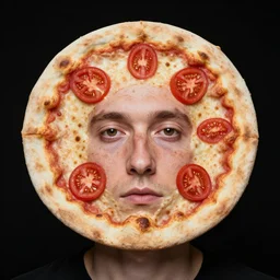 portrait of man with facial deformity making the head a flat and circular disc, looking like a pizza, doughy skin with baked crust appearance, freckles like burnt spots, blemish features that look like tomato slices, soft lighting, muted colors, sharp focus, highly symmetrical, black background, masterpiece, case photo by jimmy nelson
