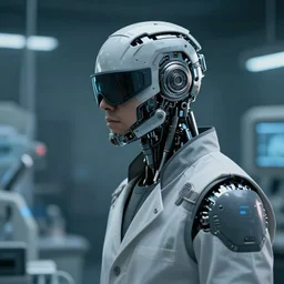 a masked laboratory engineer man with cybernetic enhancements seen from a distance, scifi character portrait by greg rutkowski, craig mullins, 1 / 4 headshot, cinematic lighting, dystopian scifi outfit, profile picture, mechanical, cyborg, half robot