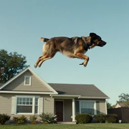 dog flying through the air over a house film still from the movie directed by denis villeneuve and david cronenberg with art direction by h. r. giger and bernie wrightson