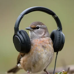 a bird wearing headphones