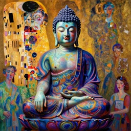 buddha! is an evil ventriloquist dummy, psychedelic, patterned skin, trending on artstation, photorealism, vibrant colors, digital art, in the style of harumi hironaka, gustav klimt, egon schiele, coby whitmore, david bates, monet, lisa frank, picasso, octane render.