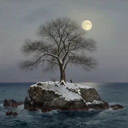 a winter tree temple on a rock at sea, moon sky at night, john atkinson grimshaw