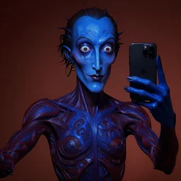 a dark crimson cobalt blue humanoid, hyper detailed, intricate, in the style of salvador dali and junji ito, selfie, volumetric lighting, ray tracing